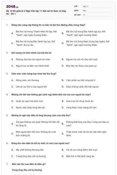 Bộ 10 đề giữa kì 2 Ngữ Văn lớp 11 Kết nối tri thức có đáp án - Đề 1