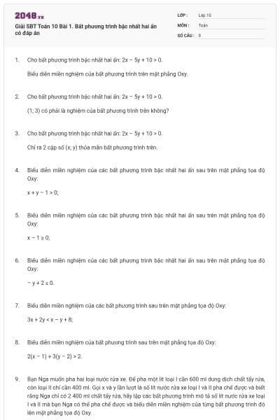 Giải SBT Toán 10 Bài 1. Bất phương trình bậc nhất hai ẩn có đáp án
