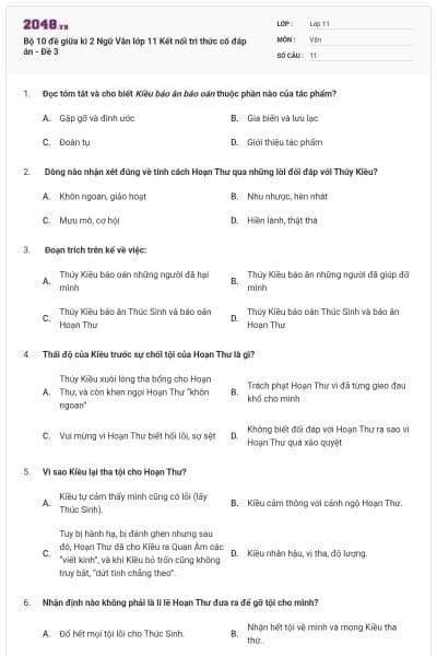 Bộ 10 đề giữa kì 2 Ngữ Văn lớp 11 Kết nối tri thức có đáp án - Đề 3