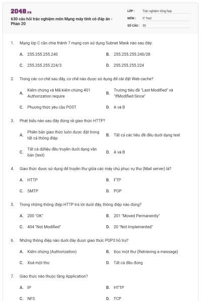 630 câu hỏi trắc nghiệm môn Mạng máy tính có đáp án - Phần 20