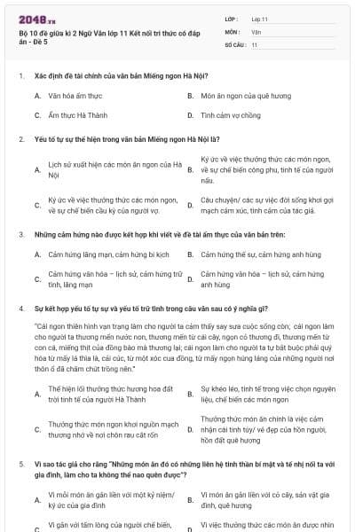 Bộ 10 đề giữa kì 2 Ngữ Văn lớp 11 Kết nối tri thức có đáp án - Đề 5