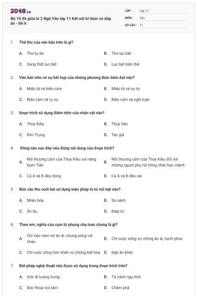 Bộ 10 đề giữa kì 2 Ngữ Văn lớp 11 Kết nối tri thức có đáp án - Đề 6