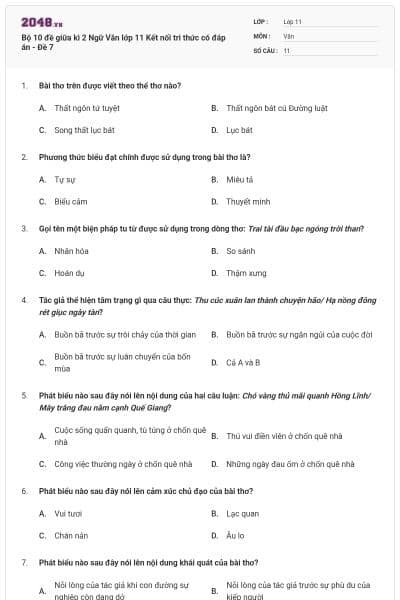 Bộ 10 đề giữa kì 2 Ngữ Văn lớp 11 Kết nối tri thức có đáp án - Đề 7