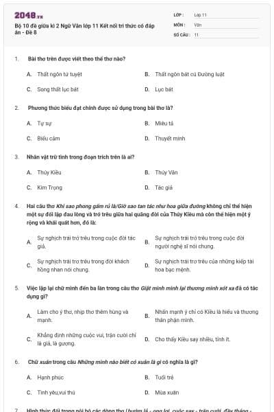 Bộ 10 đề giữa kì 2 Ngữ Văn lớp 11 Kết nối tri thức có đáp án - Đề 8