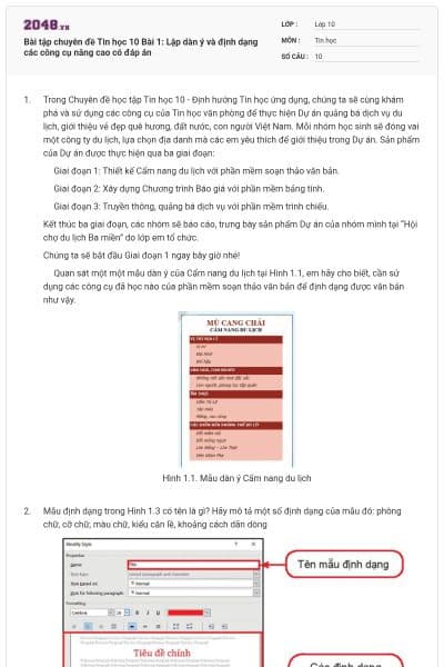 Bài tập chuyên đề Tin học 10 Bài 1: Lập dàn ý và định dạng các công cụ nâng cao có đáp án