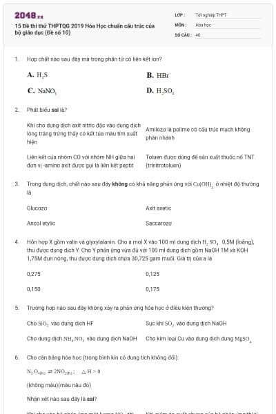 15 Đề thi thử THPTQG 2019 Hóa Học chuẩn cấu trúc của bộ giáo dục (Đề số 10)