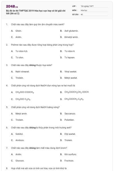Bộ đề ôn thi THPTQG 2019 Hóa học cực hay có lời giải chi tiết (Đề số 2)