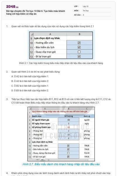 Bài tập chuyên đề Tin học 10 Bài 6: Tạo biểu mẫu khách hàng với hộp kiểm có đáp án