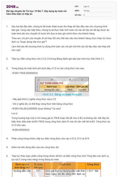 Bài tập chuyên đề Tin học 10 Bài 7: Xây dựng dự toán với hàm điều kiện có đáp án