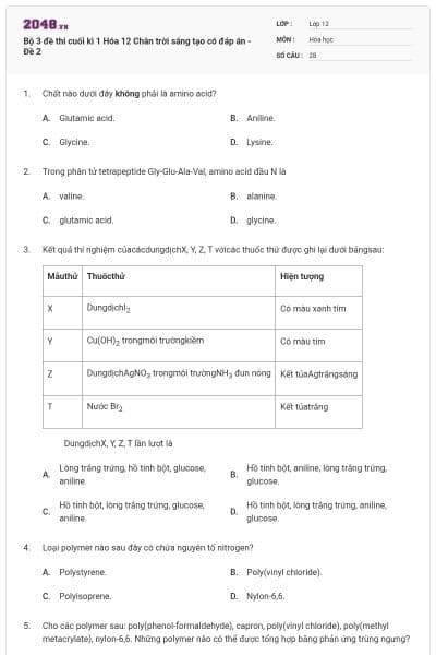 Bộ 3 đề thi cuối kì 1 Hóa 12 Chân trời sáng tạo có đáp án - Đề 2