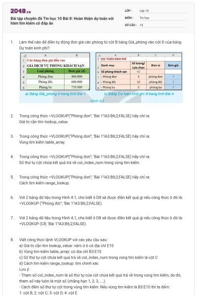 Bài tập chuyên đề Tin học 10 Bài 8: Hoàn thiện dự toán với hàm tìm kiếm có đáp án