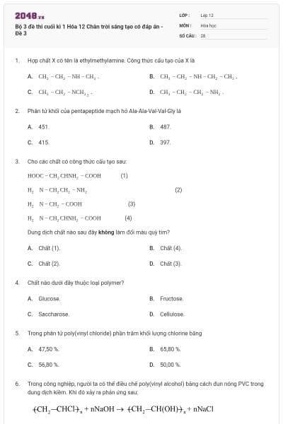 Bộ 3 đề thi cuối kì 1 Hóa 12 Chân trời sáng tạo có đáp án - Đề 3