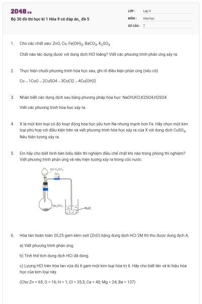 Bộ 30 đề thi học kì 1 Hóa 9 có đáp án_ đề 5