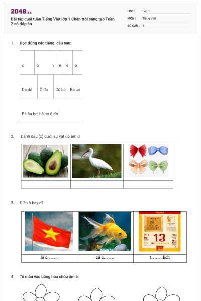 Bài tập cuối tuần Tiếng Việt lớp 1 Chân trời sáng tạo Tuần 2 có đáp án