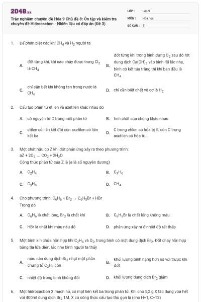 Trắc nghiệm chuyên đề Hóa 9 Chủ đề 8: Ôn tập và kiểm tra chuyên đề Hidrocacbon - Nhiên liệu có đáp án (Đề 3)
