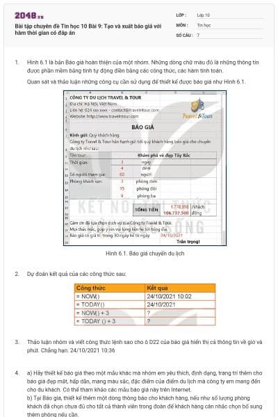 Bài tập chuyên đề Tin học 10 Bài 9: Tạo và xuất báo giá với hàm thời gian có đáp án