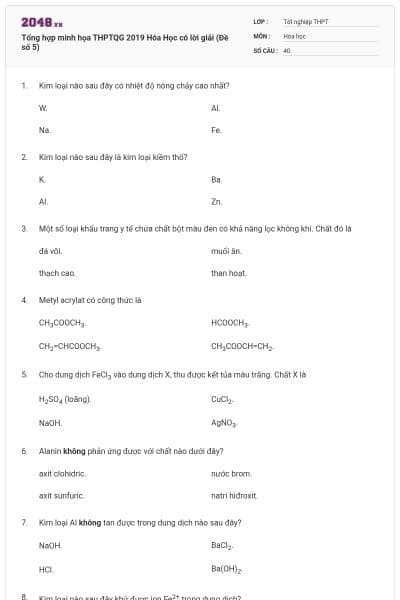 Tổng hợp minh họa THPTQG 2019 Hóa Học có lời giải (Đề số 5)