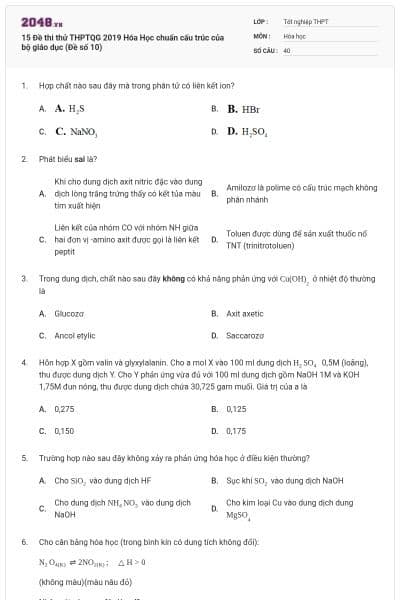 15 Đề thi thử THPTQG 2019 Hóa Học chuẩn cấu trúc của bộ giáo dục (Đề số 10)