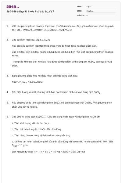 Bộ 30 đề thi học kì 1 Hóa 9 có đáp án_ đề 7