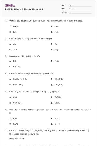 Bộ 30 đề thi học kì 1 Hóa 9 có đáp án_ đề 8