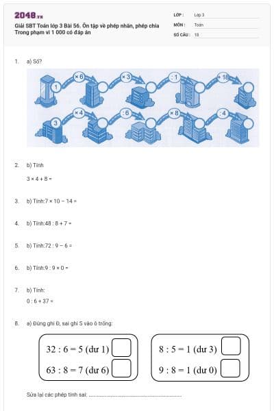 Giải SBT Toán lớp 3 Bài 56. Ôn tập về phép nhân, phép chia Trong phạm vi 1 000 có đáp án