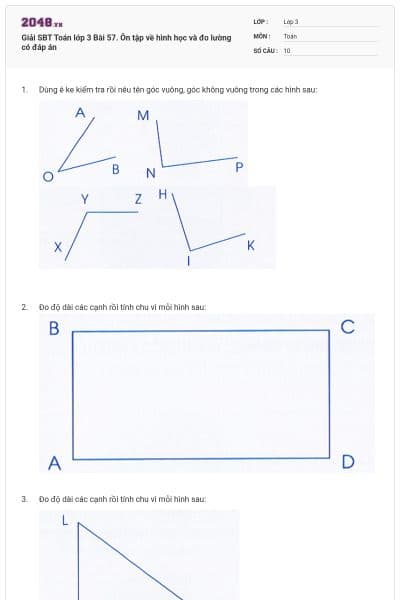 Giải SBT Toán lớp 3 Bài 57. Ôn tập về hình học và đo lường có đáp án