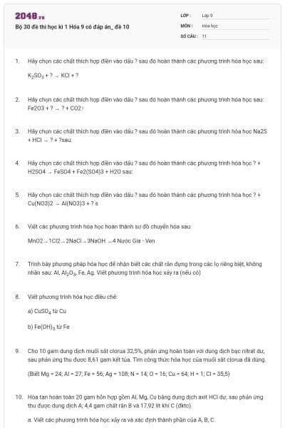Bộ 30 đề thi học kì 1 Hóa 9 có đáp án_ đề 10