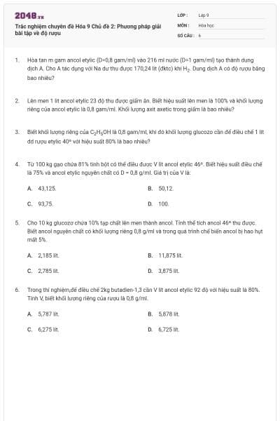 Trắc nghiệm chuyên đề Hóa 9 Chủ đề 2: Phương pháp giải bài tập về độ rượu