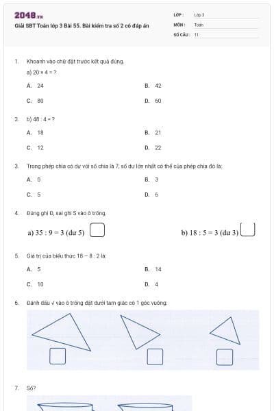 Giải SBT Toán lớp 3 Bài 55. Bài kiểm tra số 2 có đáp án