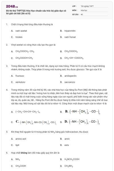 Đề thi thử THPTQG Hóa Học chuẩn cấu trúc bộ giáo dục có lời giải chi tiết (Đề số 8)