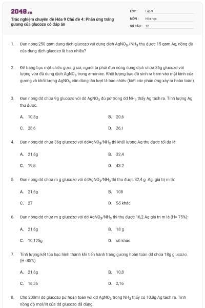 Trắc nghiệm chuyên đề Hóa 9 Chủ đề 4: Phản ứng tráng gương của glucozo có đáp án