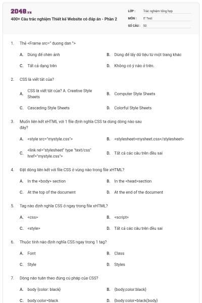 400+ Câu trắc nghiệm Thiết kế Website có đáp án - Phần 2