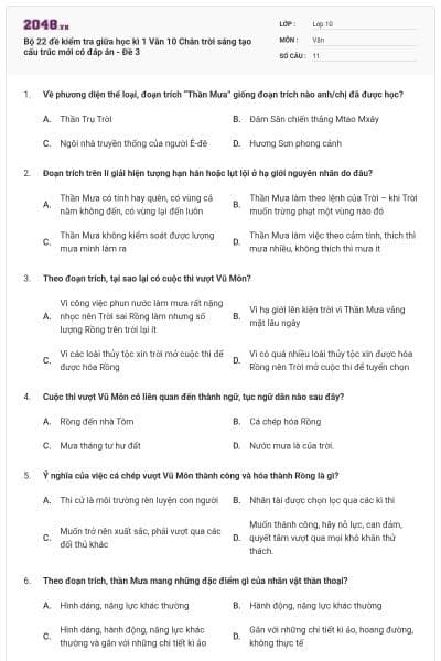 Bộ 22 đề kiểm tra giữa học kì 1 Văn 10 Chân trời sáng tạo cấu trúc mới có đáp án - Đề 3