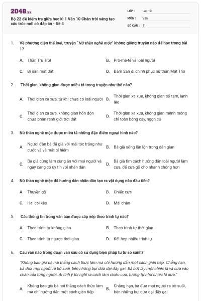 Bộ 22 đề kiểm tra giữa học kì 1 Văn 10 Chân trời sáng tạo cấu trúc mới có đáp án - Đề 4