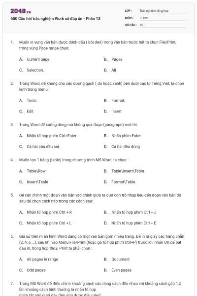 650 Câu hỏi trắc nghiệm Work có đáp án - Phần 13
