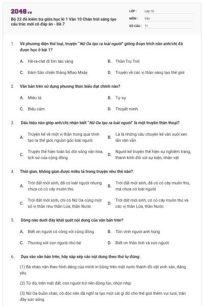 Bộ 22 đề kiểm tra giữa học kì 1 Văn 10 Chân trời sáng tạo cấu trúc mới có đáp án - Đề 7