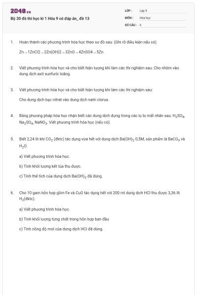 Bộ 30 đề thi học kì 1 Hóa 9 có đáp án_ đề 13