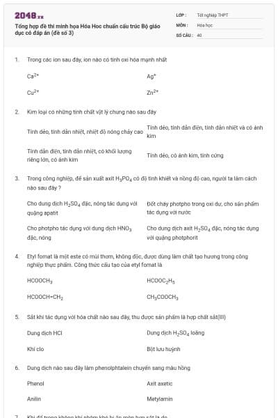 Tổng hợp đề thi minh họa Hóa Hoc chuẩn cấu trúc Bộ giáo dục có đáp án (đề số 3)