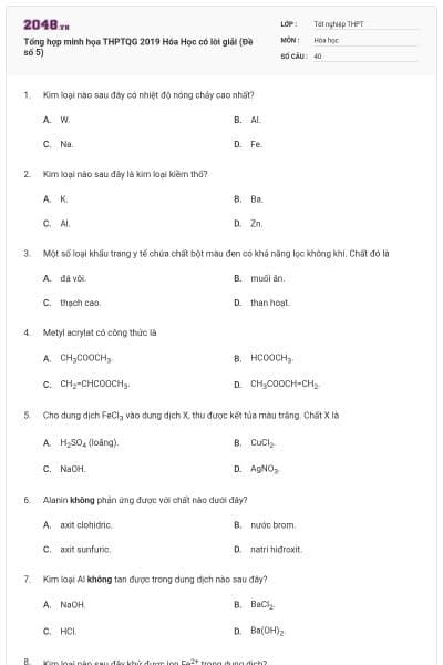 Tổng hợp minh họa THPTQG 2019 Hóa Học có lời giải (Đề số 5)