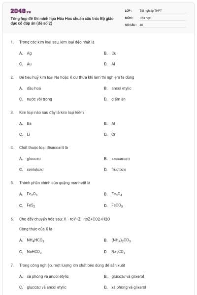 Tổng hợp đề thi minh họa Hóa Hoc chuẩn cấu trúc Bộ giáo dục có đáp án (đề số 2)