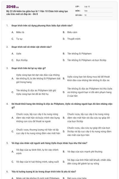 Bộ 22 đề kiểm tra giữa học kì 1 Văn 10 Chân trời sáng tạo cấu trúc mới có đáp án - Đề 8
