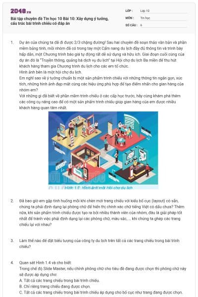 Bài tập chuyên đề Tin học 10 Bài 10: Xây dựng ý tưởng, cấu trúc bài trình chiếu có đáp án