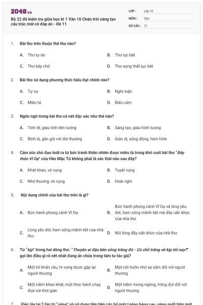 Bộ 22 đề kiểm tra giữa học kì 1 Văn 10 Chân trời sáng tạo cấu trúc mới có đáp án - Đề 11