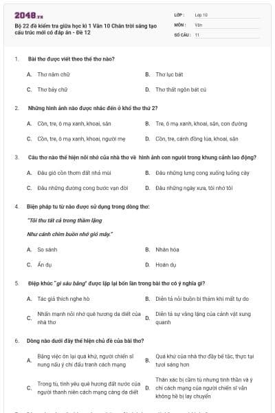 Bộ 22 đề kiểm tra giữa học kì 1 Văn 10 Chân trời sáng tạo cấu trúc mới có đáp án - Đề 12