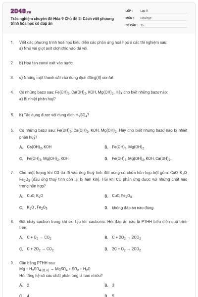 Trắc nghiệm chuyên đề Hóa 9 Chủ đề 2: Cách viết phương trình hóa học có đáp án