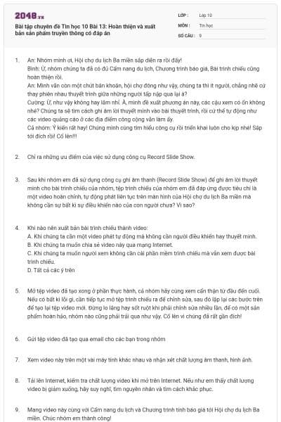 Bài tập chuyên đề Tin học 10 Bài 13: Hoàn thiện và xuất bản sản phẩm truyền thông có đáp án