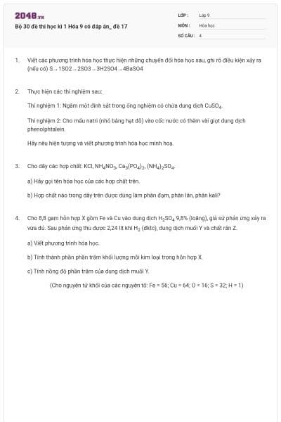 Bộ 30 đề thi học kì 1 Hóa 9 có đáp án_ đề 17