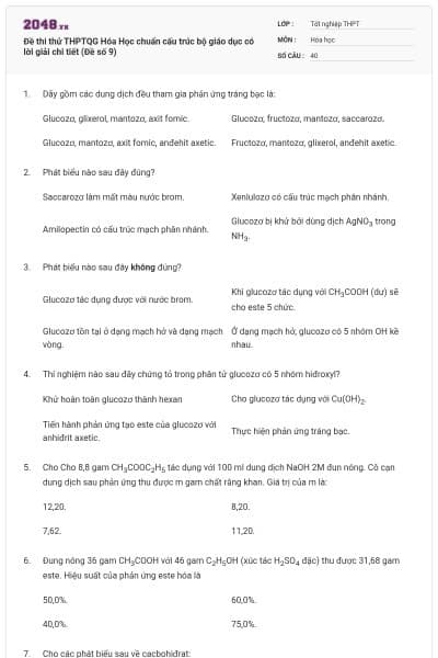 Đề thi thử THPTQG Hóa Học chuẩn cấu trúc bộ giáo dục có lời giải chi tiết (Đề số 9)