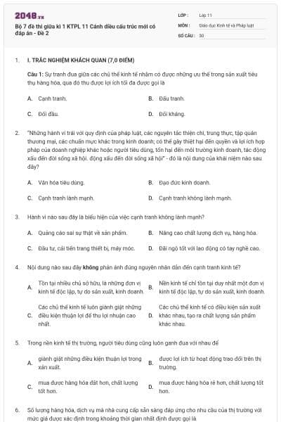 Bộ 7 đề thi giữa kì 1 KTPL 11 Cánh diều cấu trúc mới có đáp án - Đề 2