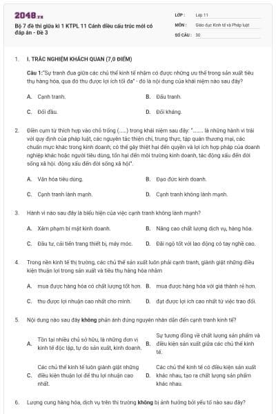 Bộ 7 đề thi giữa kì 1 KTPL 11 Cánh diều cấu trúc mới có đáp án - Đề 3